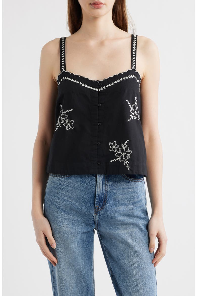 The Weekend Floral Embroidered Button-Up Top, Main, color, BLACK