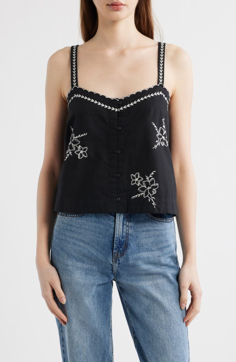 THE GREAT. The Weekend Floral Embroidered Button-Up Top, Main, color, Black