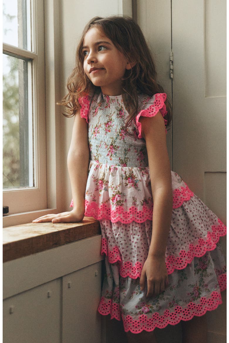 Kids' Tiered Lace Trim Dress, Alternate, color, FESTIVAL PINK DITSY ROSE