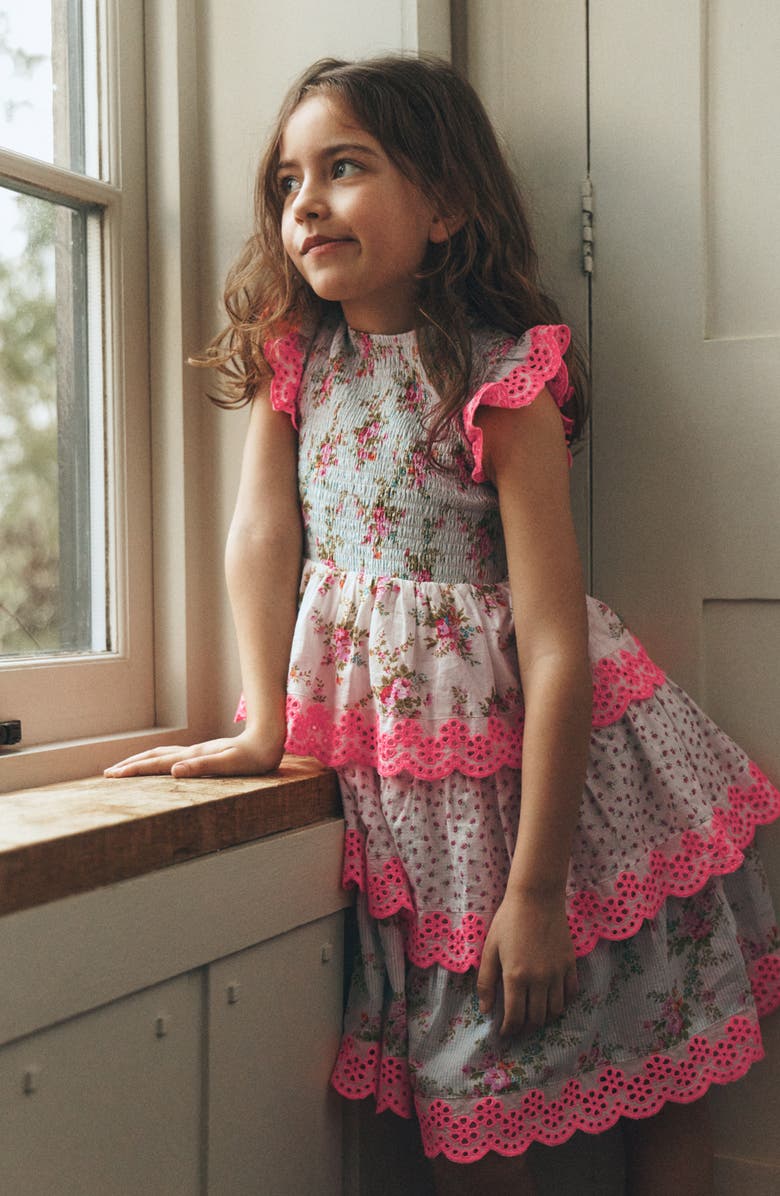 Mini Boden Kids' Tiered Lace Trim Dress, Alternate, color, Festival Pink Ditsy Rose