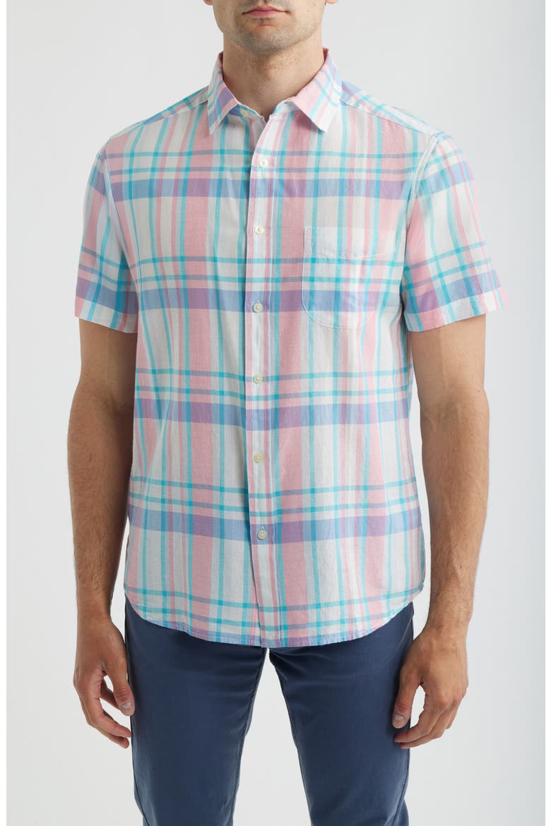 Daiquiri Plaid Cotton Short Sleeve Button-Up Shirt, Main, color, NEON ROSA