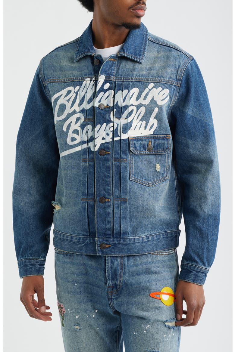 Script Logo Distressed Denim Trucker Jacket, Alternate, color, ASTRA