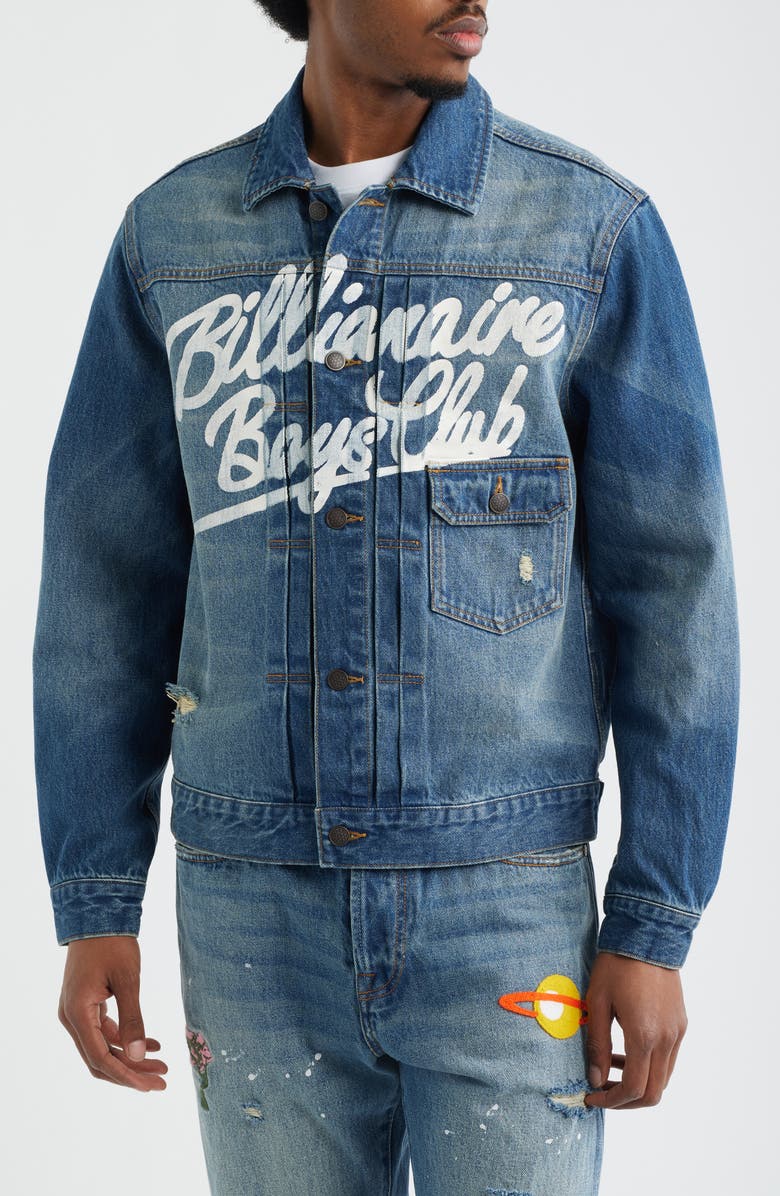 Billionaire Boys Club Script Logo Distressed Denim Trucker Jacket, Alternate, color, Astra