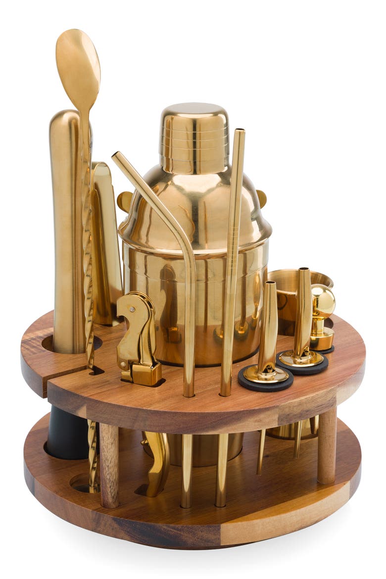 13-Piece Lazy Susan Carousel Bar Tool Set, Alternate, color, BROWN