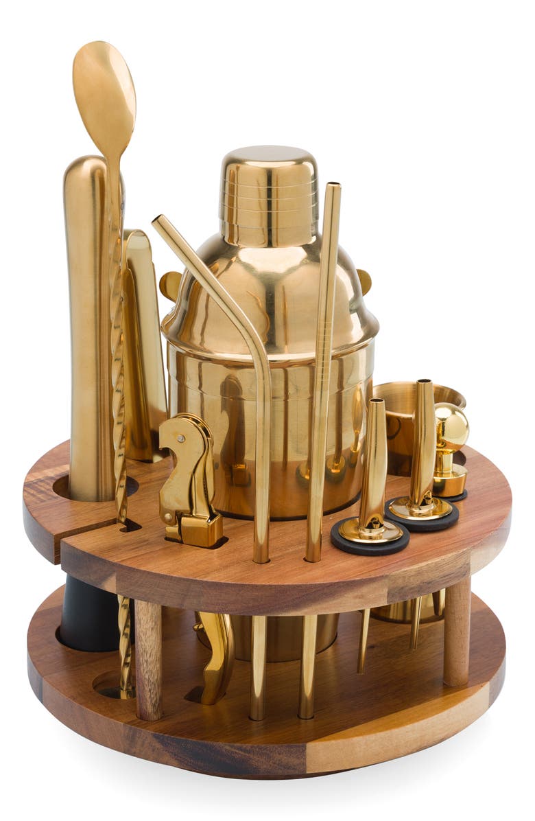 Picnic Time 13-Piece Lazy Susan Carousel Bar Tool Set, Alternate, color, Brown