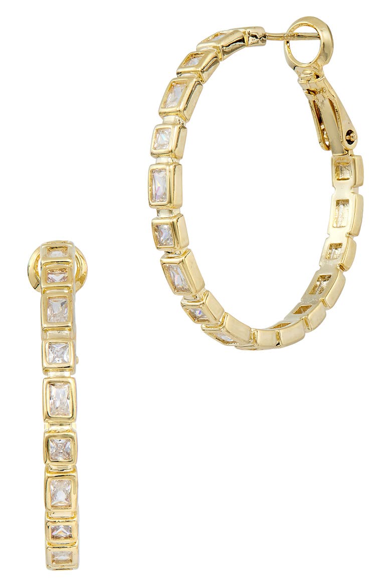 14K Gold Plated Bezel Cubic Zirconia Hoop Earrings, Main, color, YELLOW