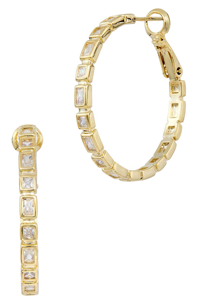 SAVVY CIE JEWELS 14K Gold Plated Bezel Cubic Zirconia Hoop Earrings, Main, color, Yellow