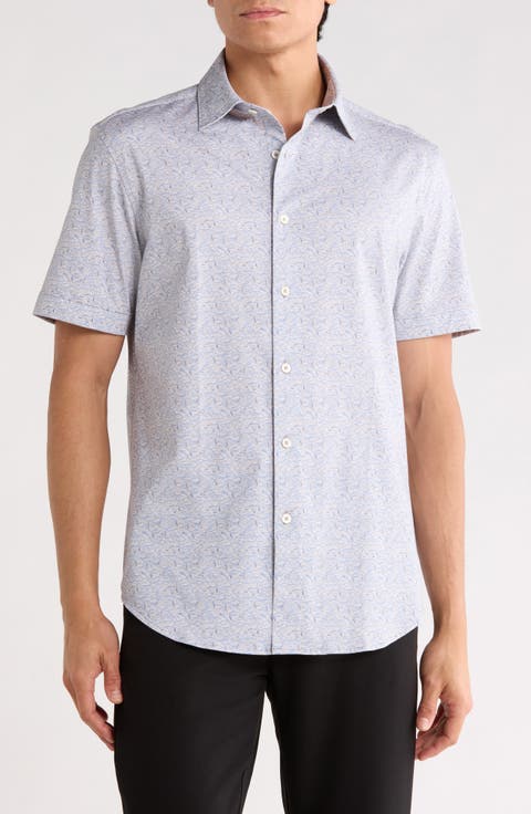 Abstract Print Stretch Cotton Short Sleeve Button-Up Shirt