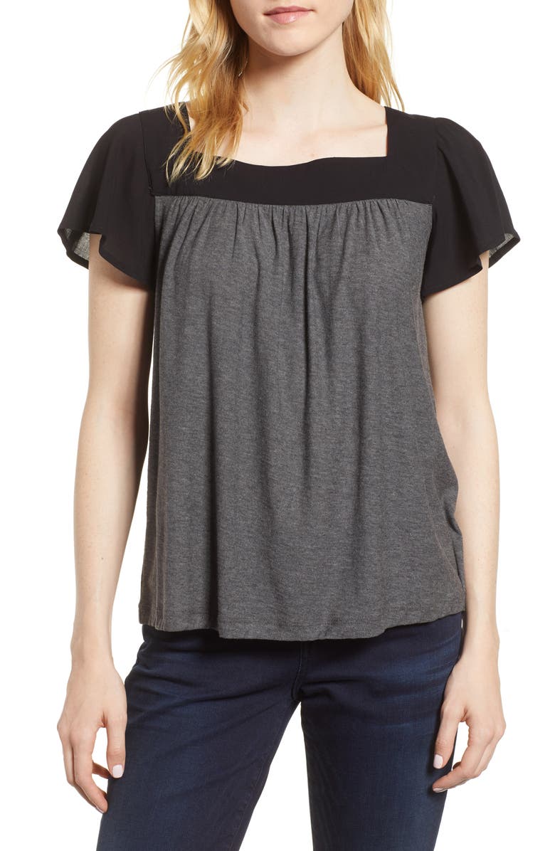 Vince Camuto Ruffle Sleeve Mix Media Cotton Blend Blouse, Main, color,