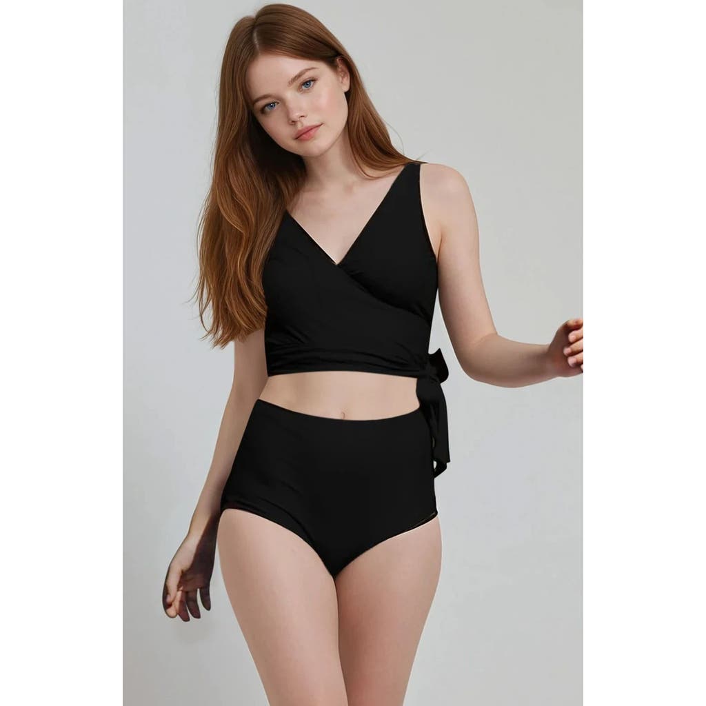 Calypsa Plus Size Emery 2-piece Wrap Style Swim Set With Reversible Top And High-waisted Bottom In Black