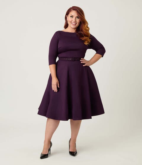Plus Size Three Quarter Sleeve Belted Devon Swing Dress