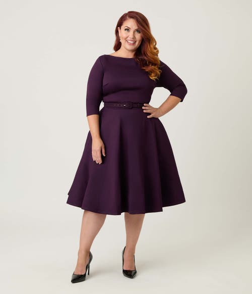 Unique Vintage Plus Size Three Quarter Sleeve Belted Devon Swing Dress In Purple