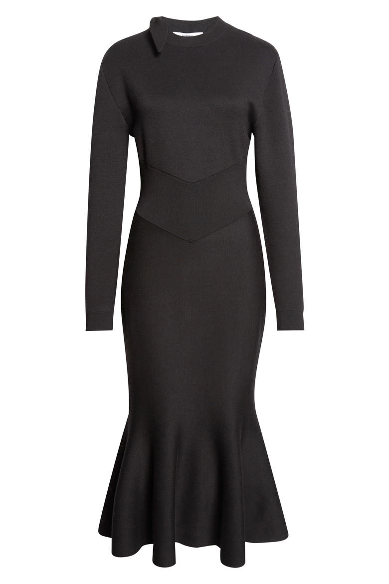 Long Sleeve Bow Wool & Cotton Blend Trumpet Sweater Dress, Alternate, color, BLACK