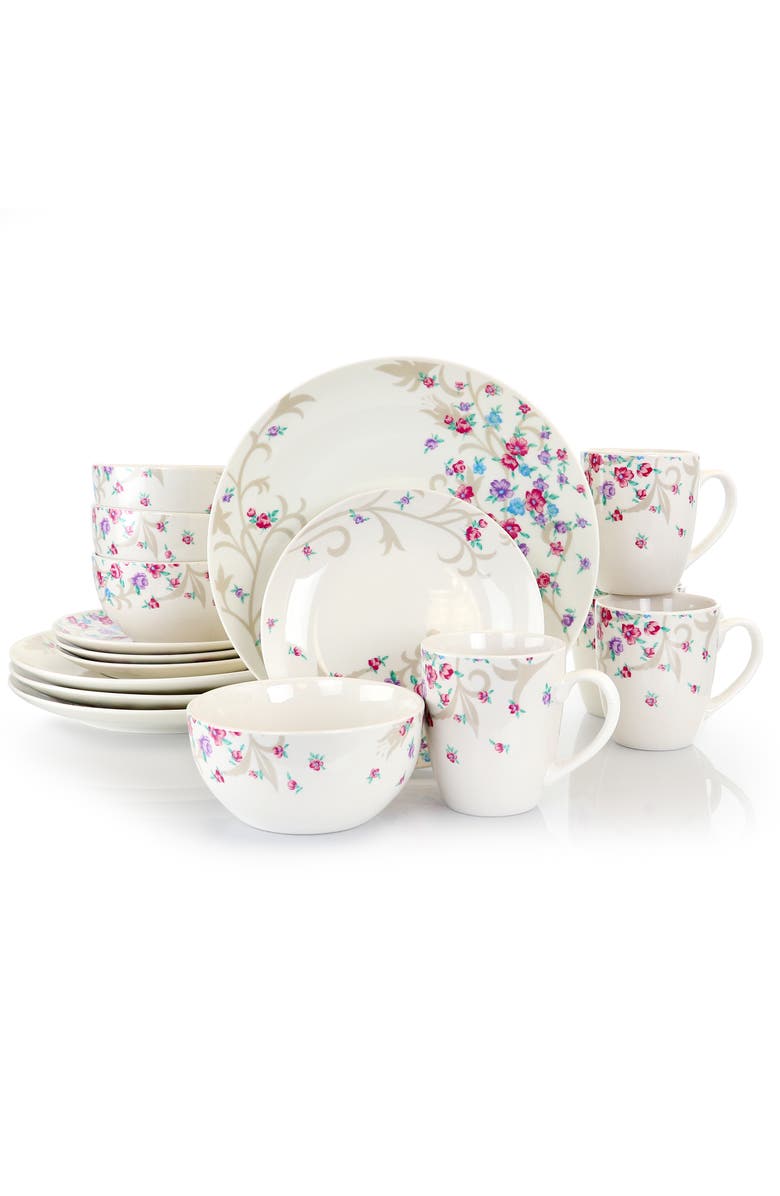 Gibson Home Floral Splash 16 Piece Round Fine Ceramic Dinnerware Set, Main, color, White