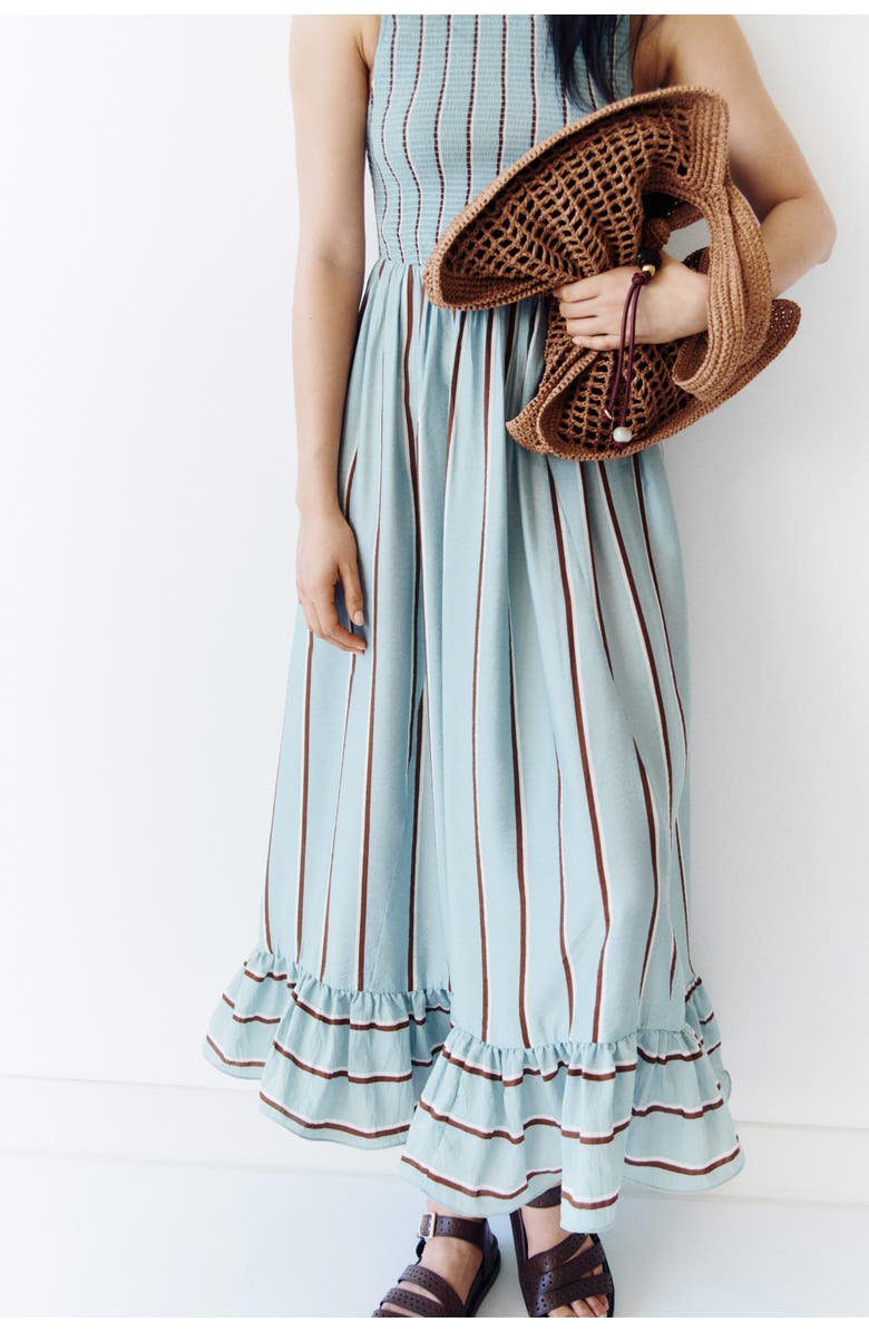 H&M Smocked-bodice dress, Alternate, color, Light Dusty Turquoise/Striped