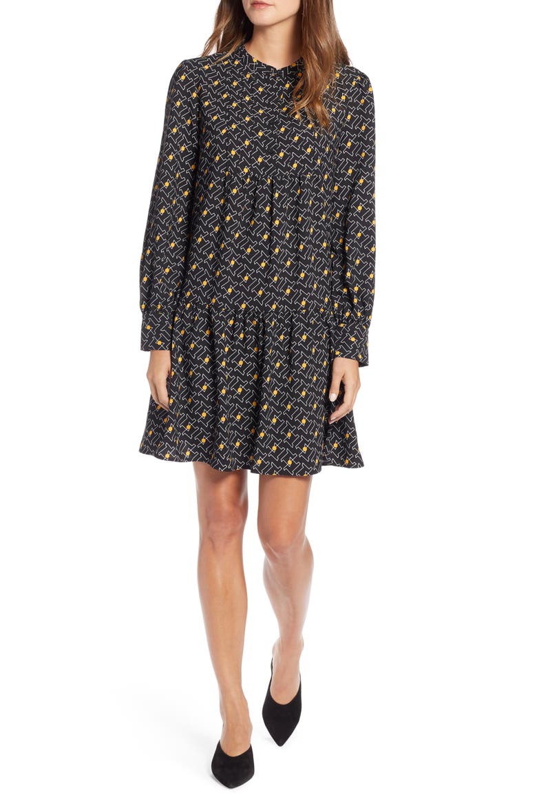 Pintuck Detail Shift Dress, Main, color, BLACK GEO PRINT