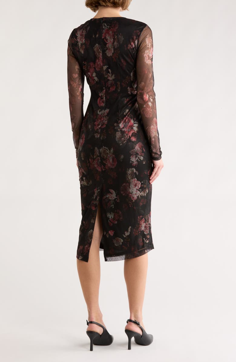 Vince Camuto Ruched Long Sleeve Mesh Body-Con Dress, Alternate, color, Black/ Pink Multi