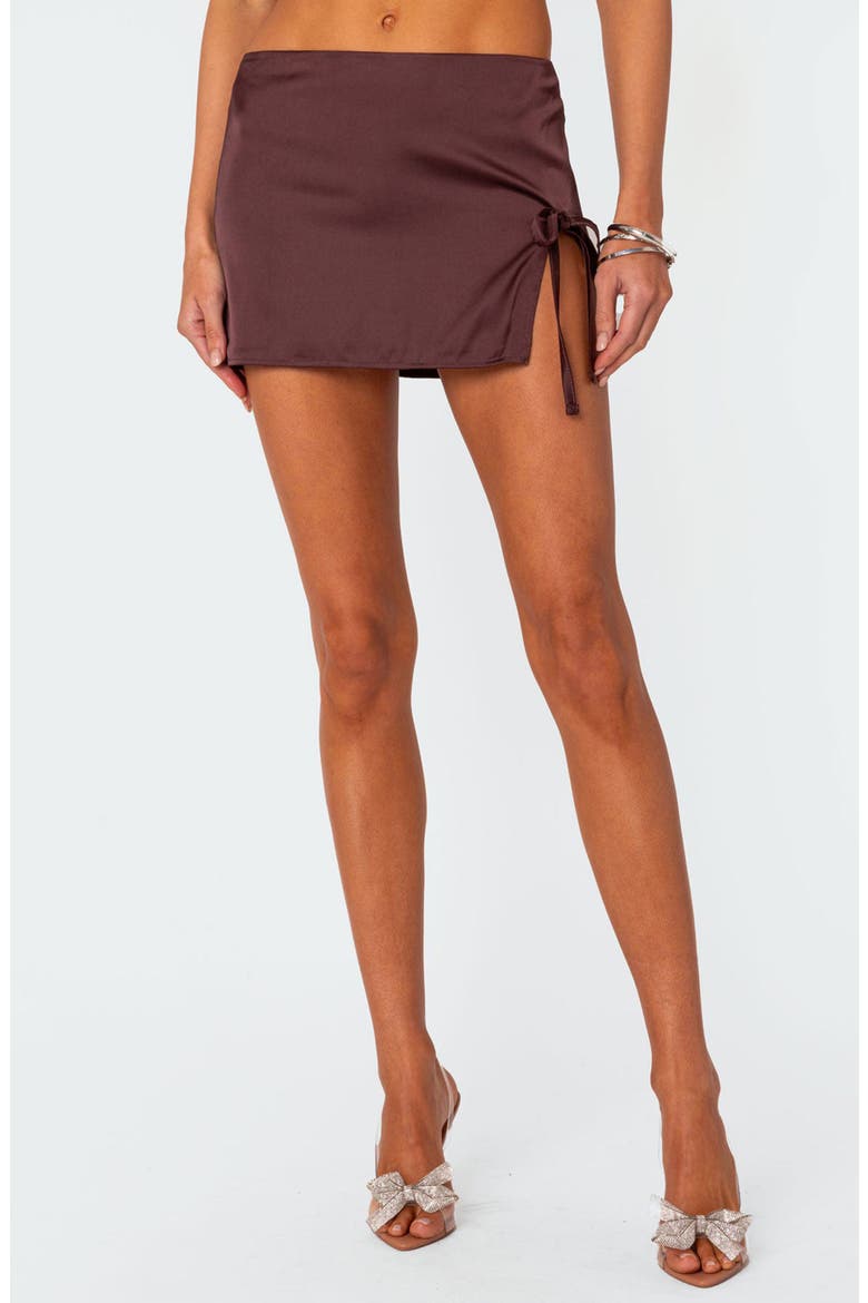 Bea Front Slit Satin Miniskirt, Main, color, BROWN