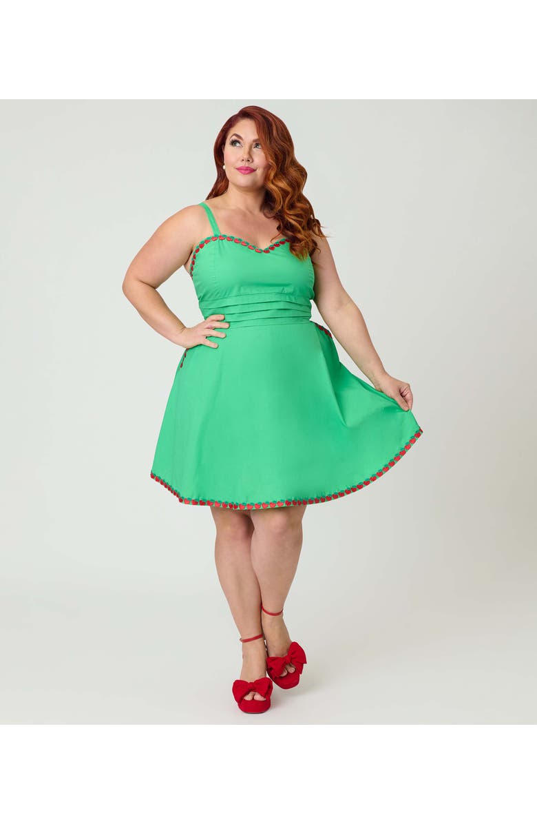 Unique Vintage Plus Size 1950s Sleeveless Cotton Flare Dress, Main, color, Green W/ Red Apple Embroidery
