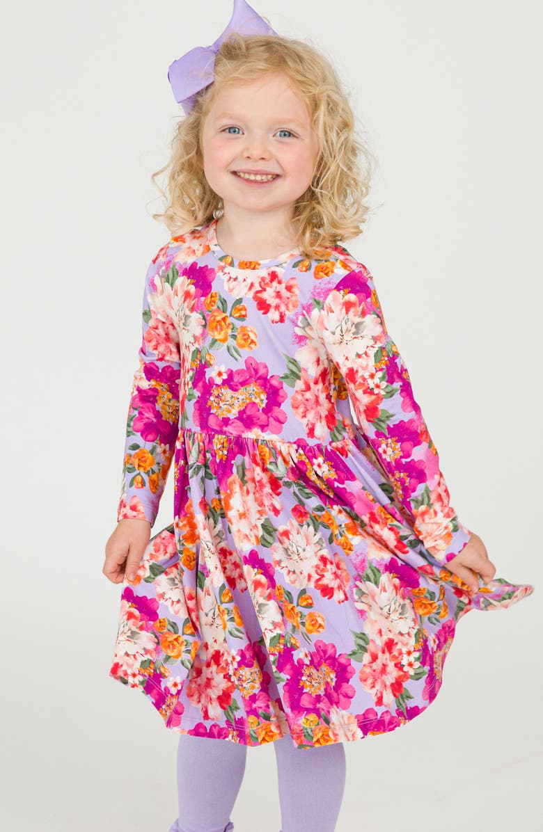 RuffleButts Lavender Valley Long Sleeve Stretch Cotton Dress, Alternate, color, Purple