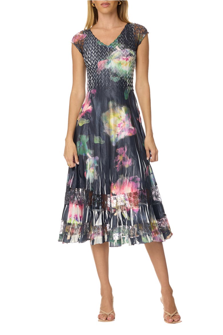 Floral Print Dress with Lace Cap Sleeve, Main, color, Phantom Bloom