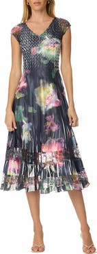 Komarov Floral Print Dress with Lace Cap Sleeve