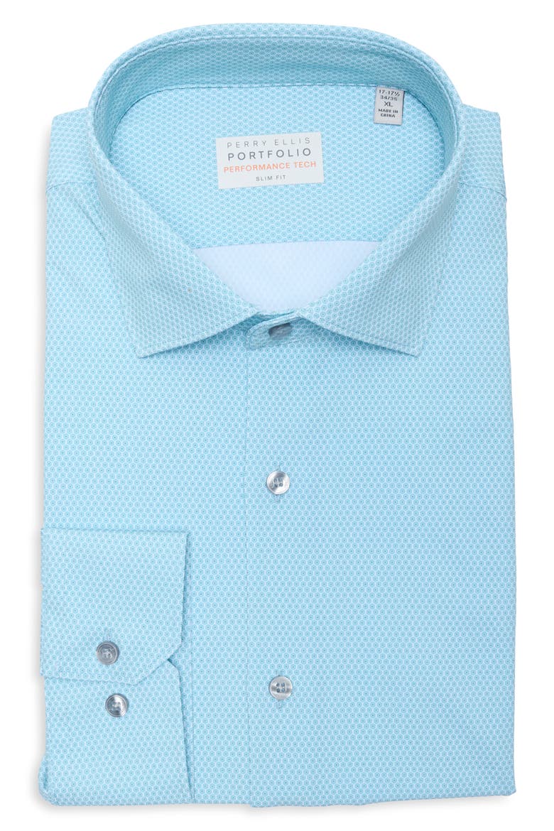 Slim Fit Geometric Print Performance Tech Dress Shirt, Main, color, AZZURO