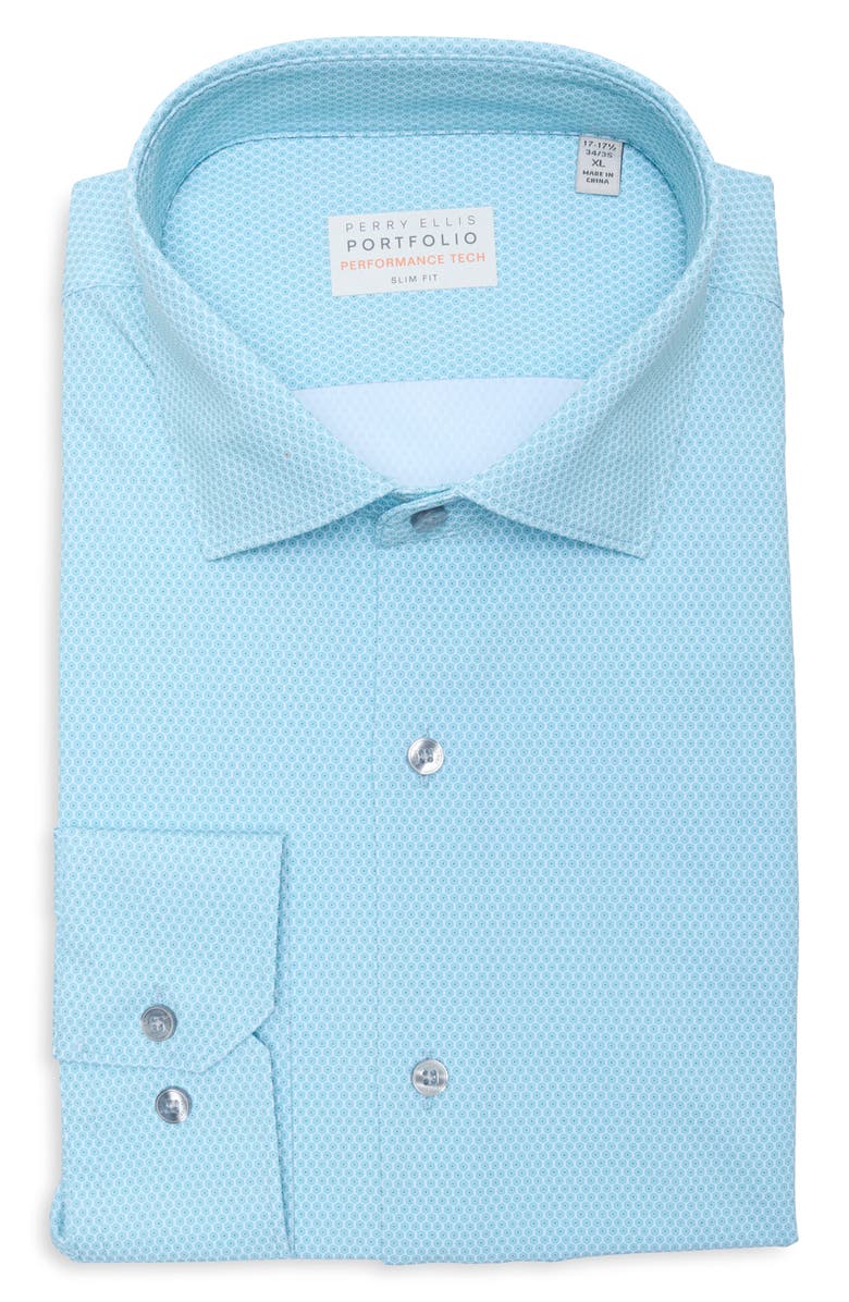 Perry Ellis Slim Fit Geometric Print Performance Tech Dress Shirt, Main, color, Azzuro