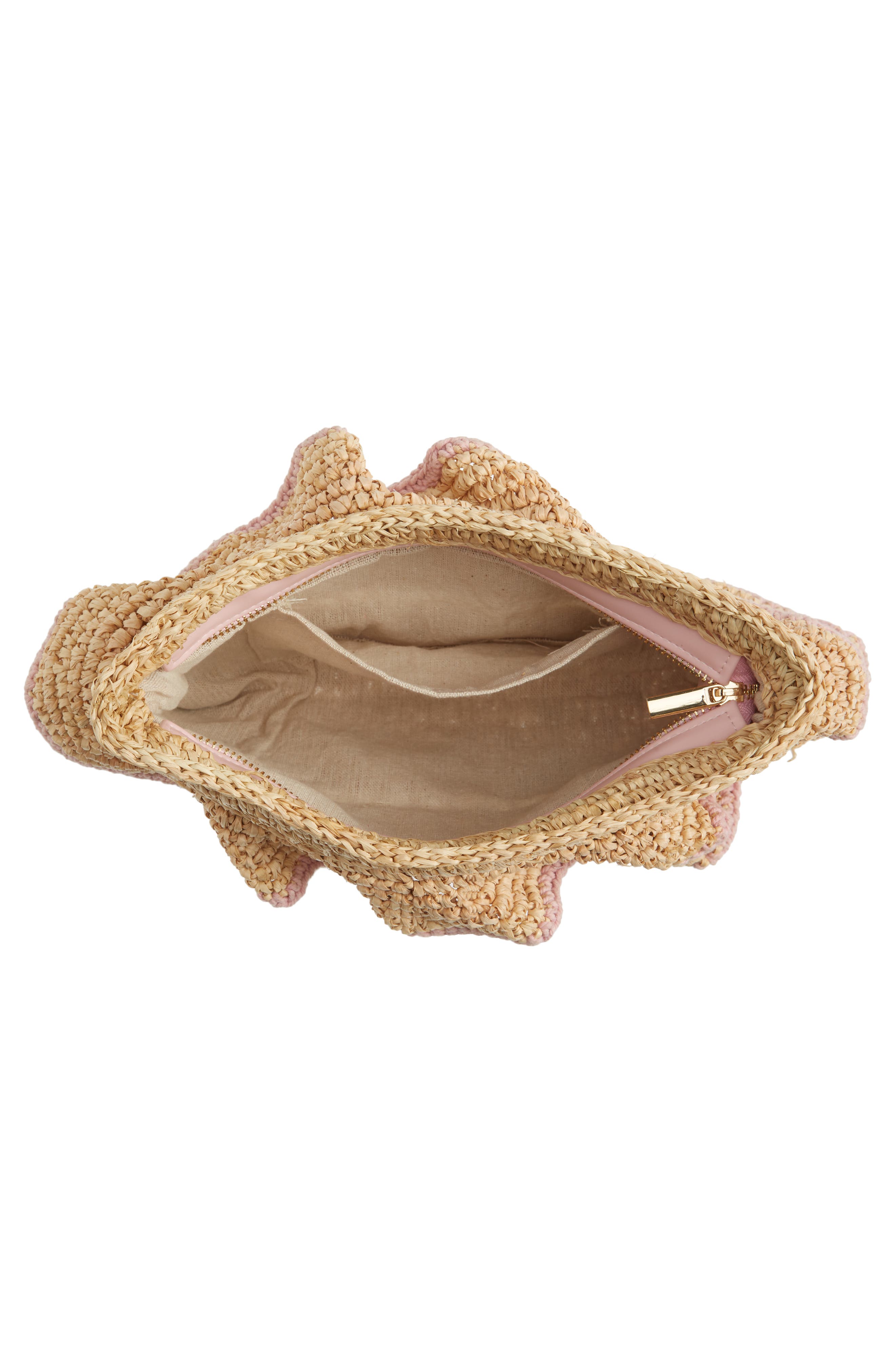 Joey Ruffle Raffia Clutch, Alternate, color, PETAL