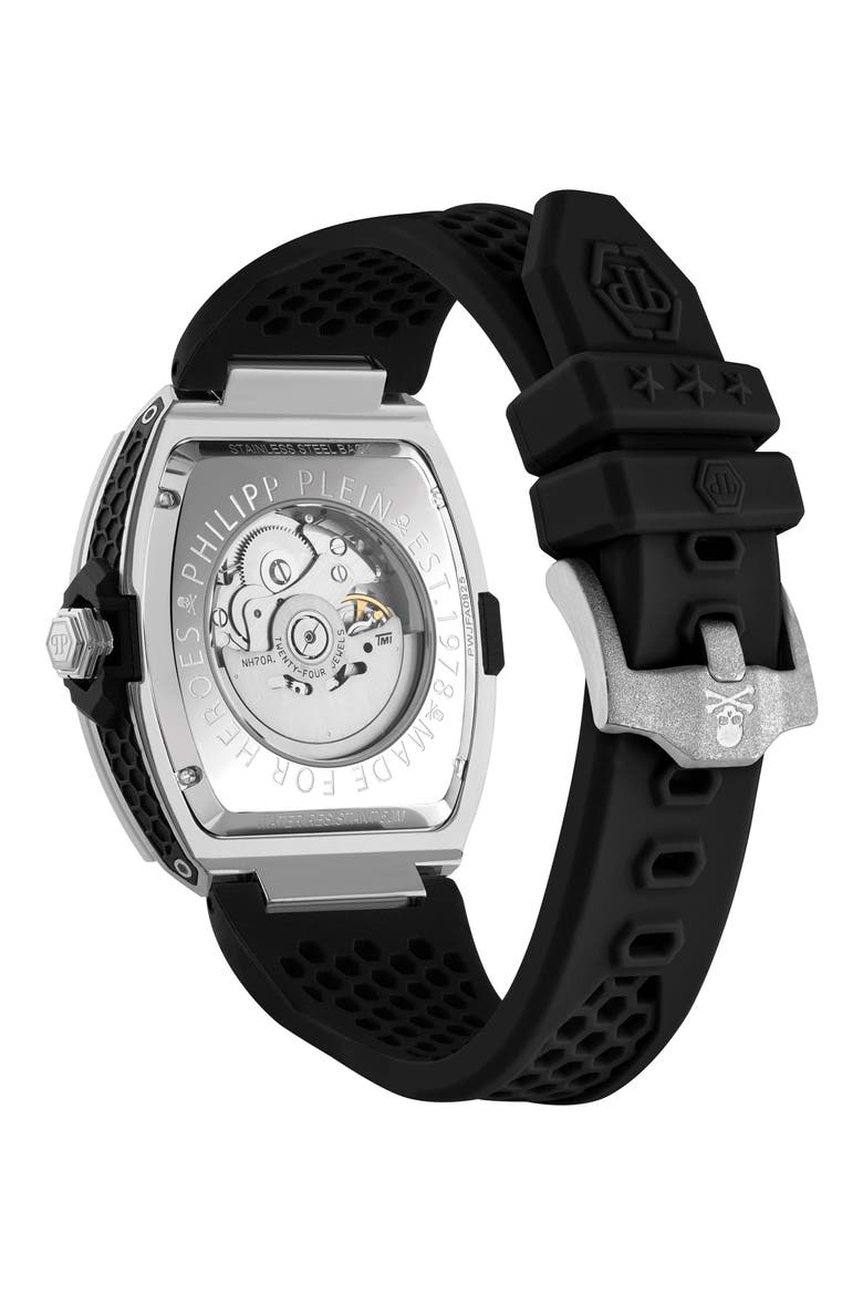 The Skeleton Frosted Silicone Strap Watch, 44mm, Alternate, color, STAINLESS STEEL