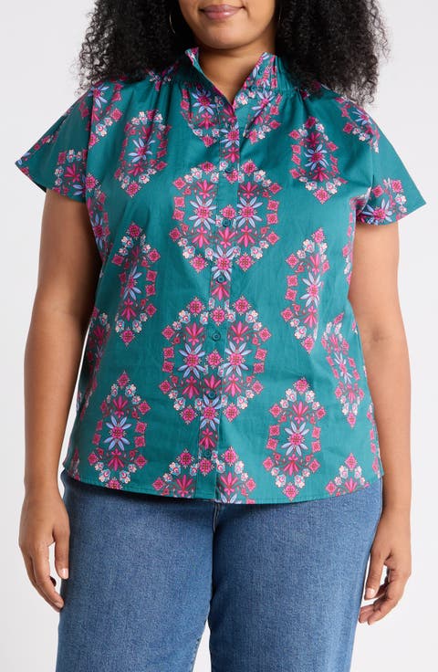 Patma Folklore Mock Neck Cotton Button-Up Top