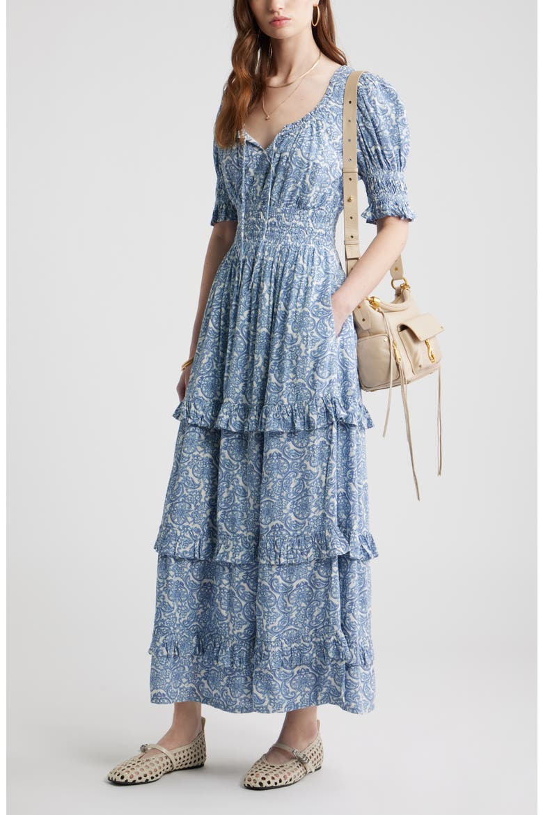Smock Waist Ruffle Trim Tiered Maxi Dress, Alternate, color, BLUE LACE ALLOVER