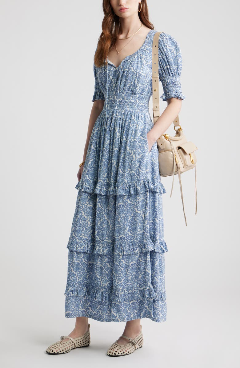 Treasure & Bond Smock Waist Ruffle Trim Tiered Maxi Dress, Alternate, color, Blue Lace Allover