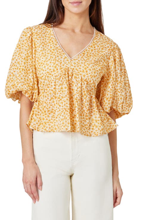 Floral Balloon Elbow Sleeve Cotton Top