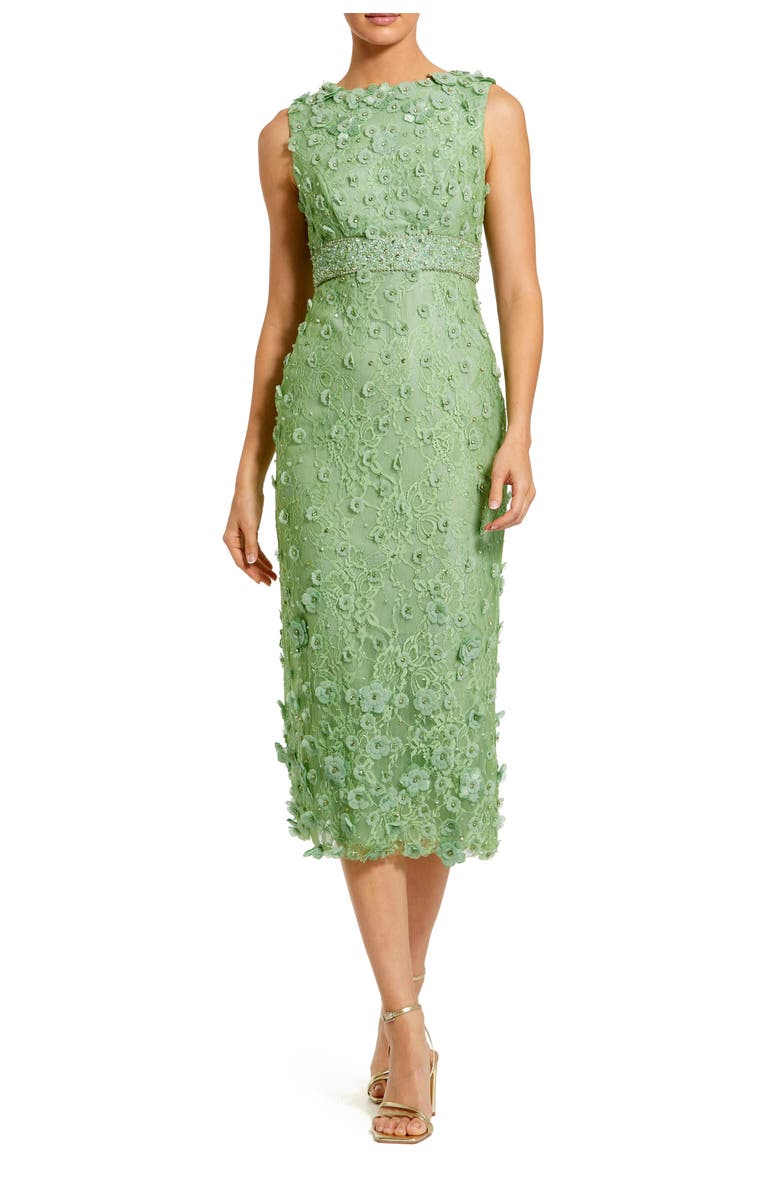 Mac Duggal Floral Appliqué Lace Sleeveless Midi Dress, Main, color, Sage