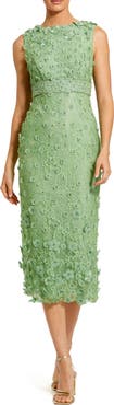 Mac Duggal Floral Appliqué Lace Sleeveless Midi Dress