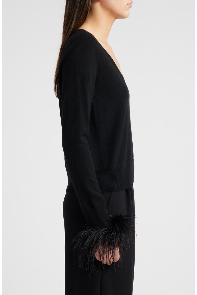 Feather Cuff V-Neck Sweater, Alternate, color, BLACK