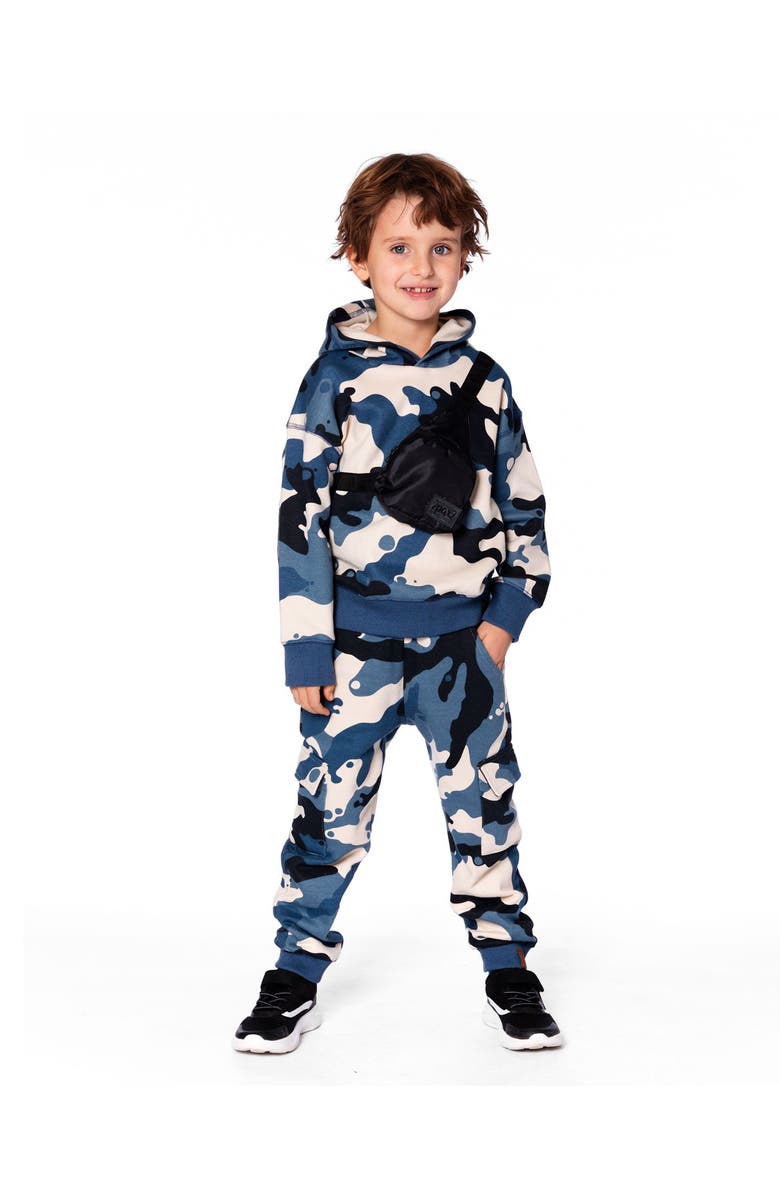 Deux par Deux Hooded Fleece Sweatshirt with Crossbody Bag, Main, color, Blue Camouflage