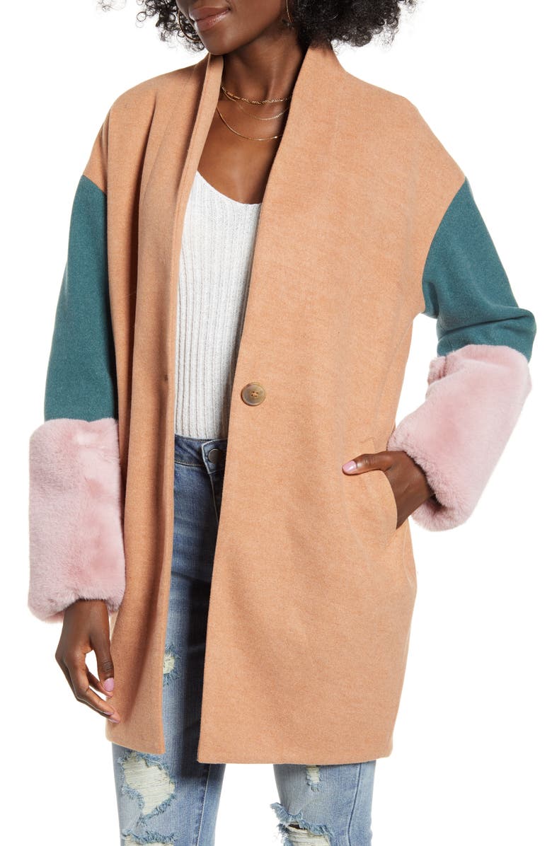 BLANKNYC Out of Office Faux Fur Cuff Coat, Main, color, 