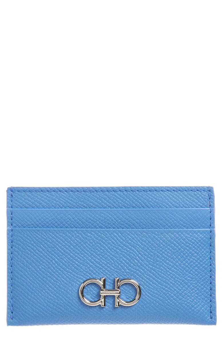 FERRAGAMO Double Gancio Leather Card Case, Main, color, Bleuet/ Oxford Blue