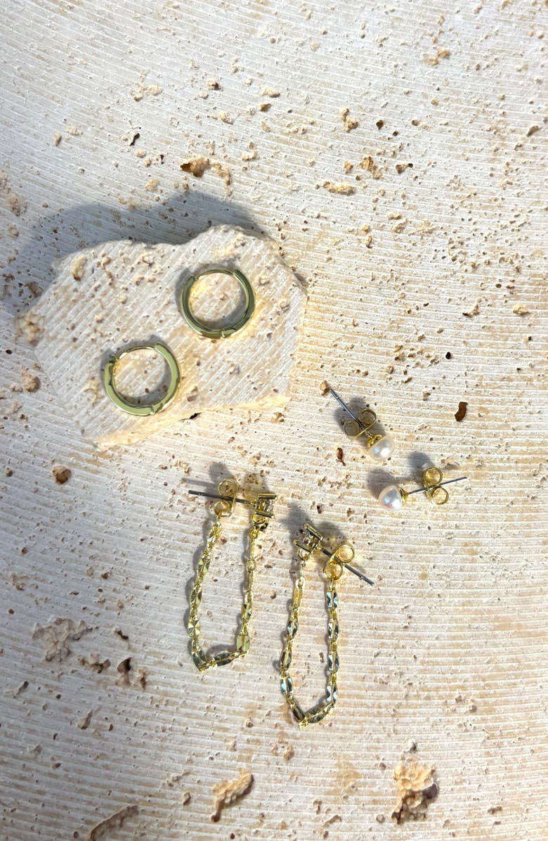 Adornia 14K Gold Plated Faux Pearl Stud, Huggie Hoop & Front/Back Earrings, Alternate, color, Gold/ White