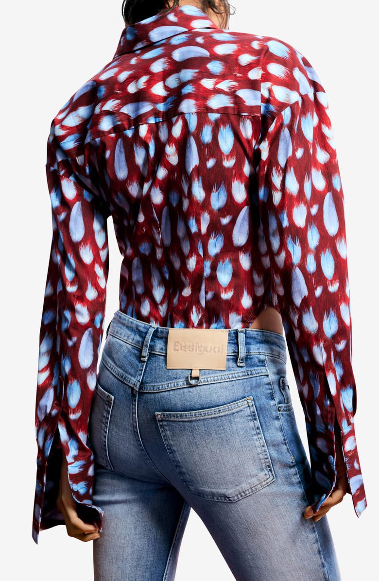 Desigual Feather Print Button-Up Bodysuit, Alternate, color, Burgundy/ Blue