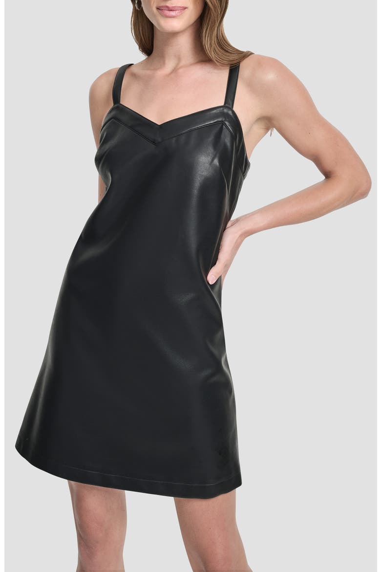 Sleeveless V-Neck Faux Leather Shift Dress, Alternate, color, BLACK