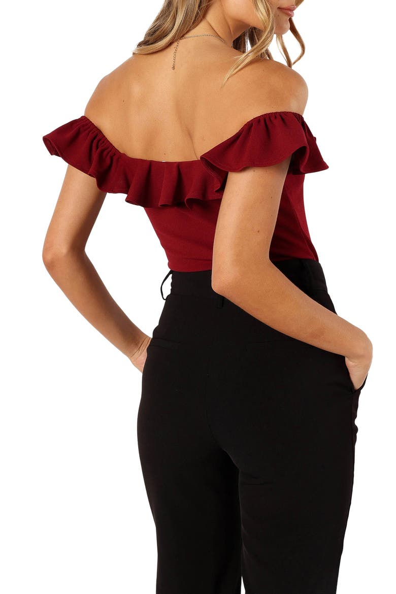 Mikaela Ruffle Bodysuit, Alternate, color, DARK RED