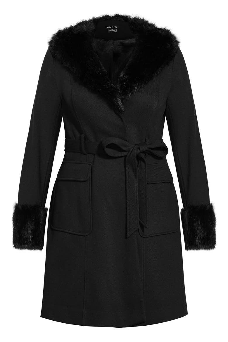 Blushing Belle Twill Coat with Faux Fur Collar, Alternate, color, BLACK