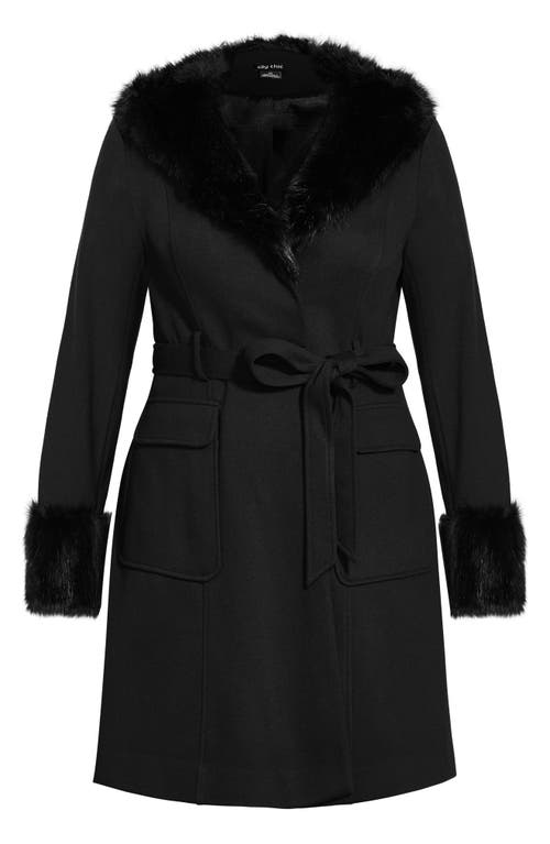 City Chic Blushing Belle Twill Coat With Faux Fur Collar In Black