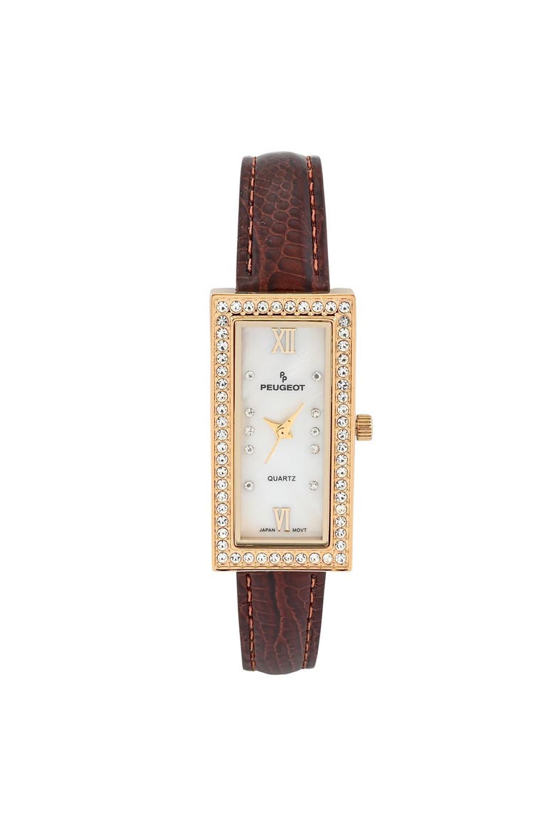 Luxury Rectangular Crystal Bezel Leather Watch- 35x20MM, Main, color, Brown