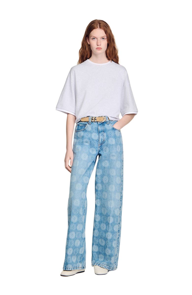 SANDRO Wide-leg floral print jeans, Alternate, color, Blue Jean
