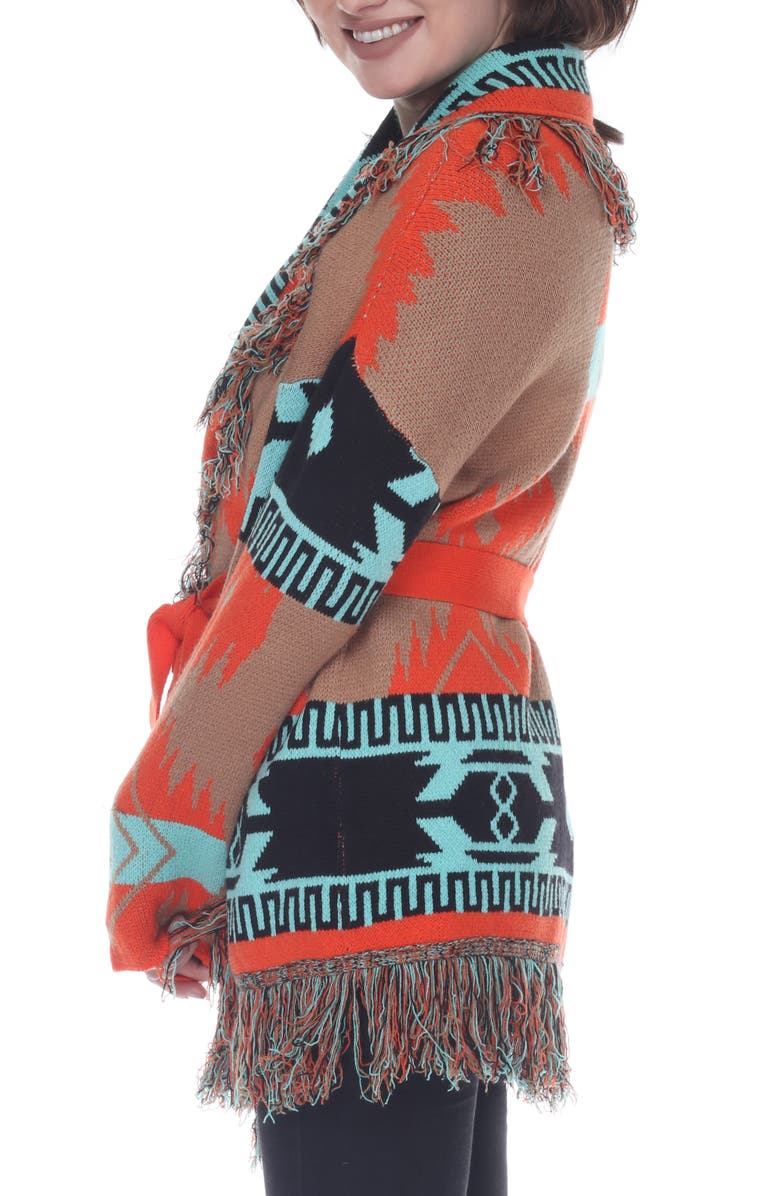 RAIN AND ROSE Belted Western Fringe Cardigan, Alternate, color, Orange