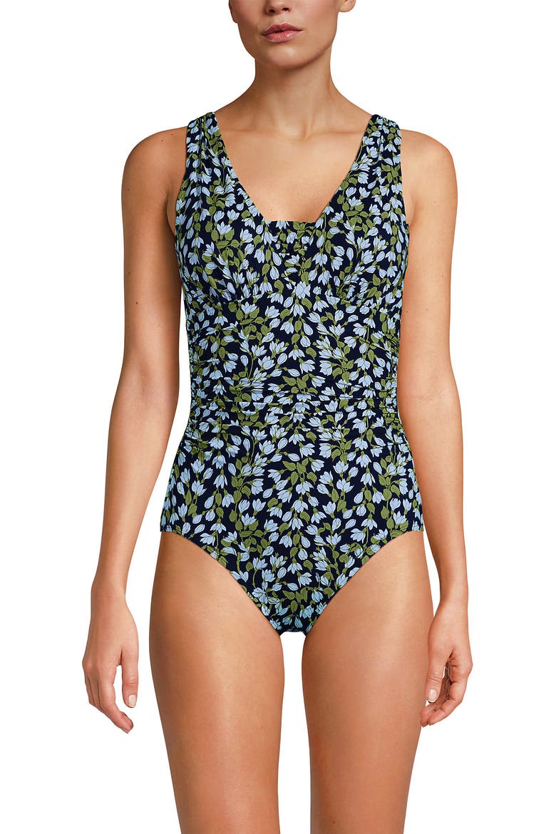 DDD-Cup Slender Suit Grecian Low Leg One Piece Swimsuit, Main, color, Navy Mini Bloom Floral